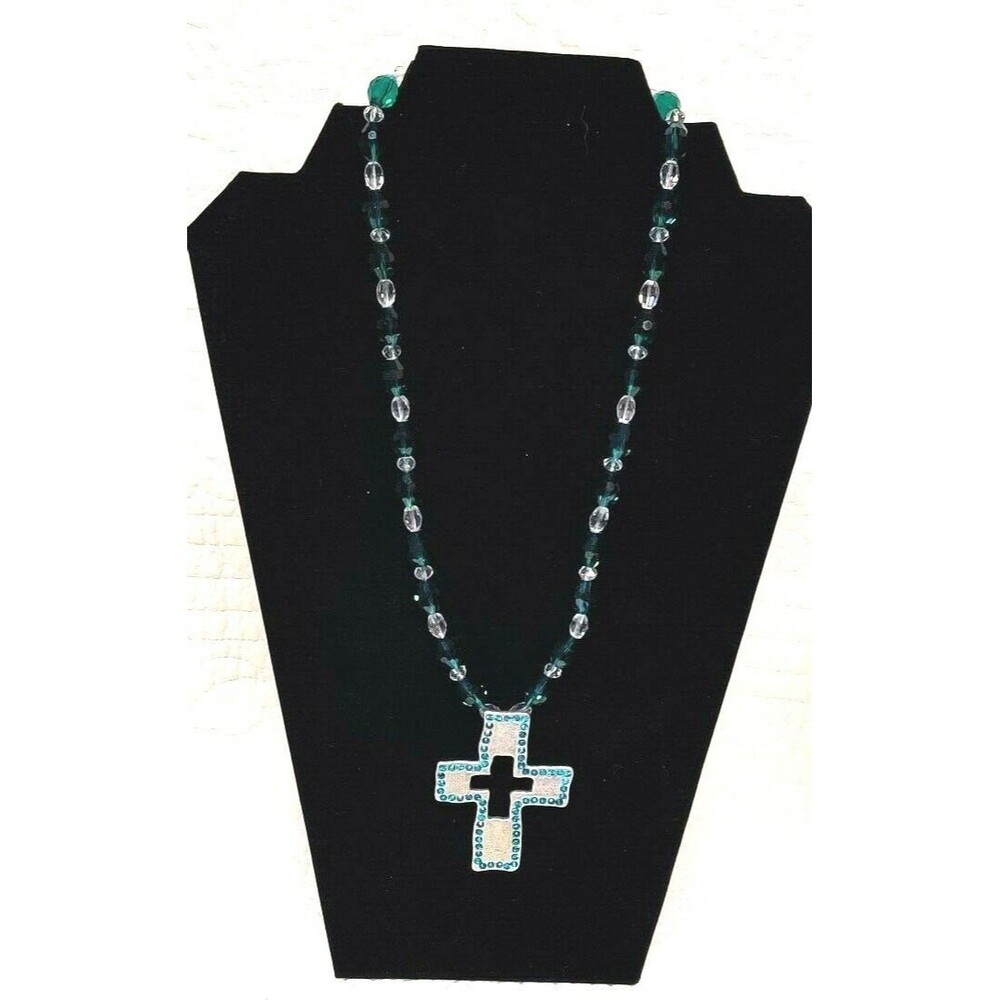 Stunning unsigned Teal Glass Bead Religious Necklace W/  Bling Cross Pendant